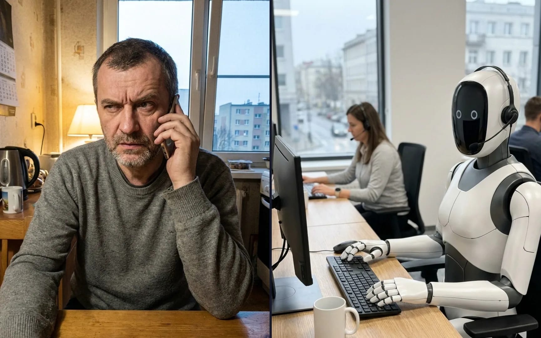Z lewej mężczyzna w mieszkaniu w bloku rozmawia przez telefon i marszczy brwi, z prawej robot ze słuchawkami przy biurku infolinii